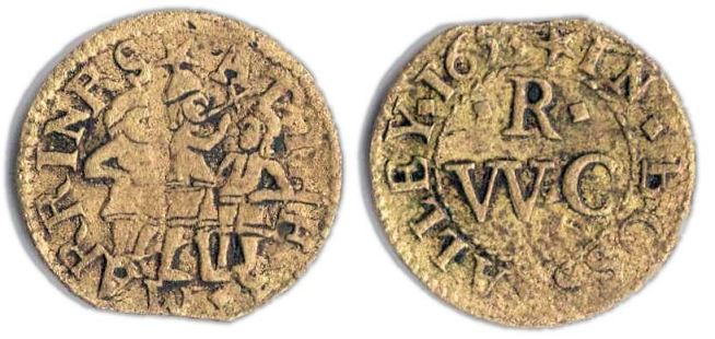 A farthing token issued in the name of the Three Mariners in Boss Alley, London