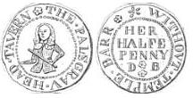 A half penny token issued in the name of the Palsgrave's Head Tavern