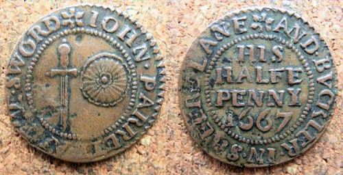 A half penny token issued by John Parrett of Shire Lane, Temple Bar, London