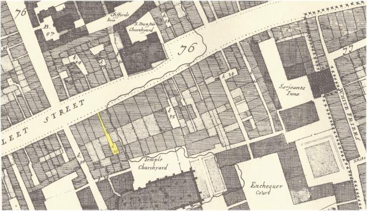 The location of Hercules Pillar Alley off the south side of Fleet Street from John Ogilby & William Morgan’s 1676 Map of the City of London