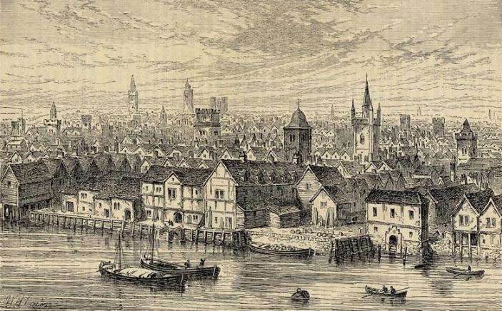 The neighbourhood of Steel Yard on the north bank of the River Thames, London. (c.1540).