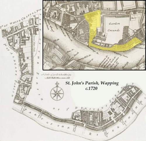 The Parish of St. John's Wapping with inset map indicating its relative location within Eastern London (c.1720).
