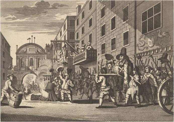 William Hogarth's depiction of a street celebration in April 1653 outside the King's Head tavern in Fleet Street applauding the dissolution of the Rump Parliment by Oliver Cromwell.