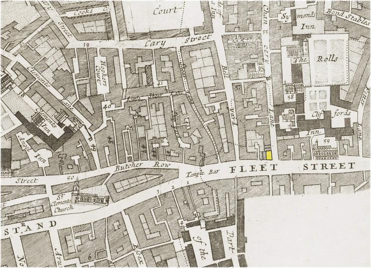 The location of the King's Head Tavern on the corner of Chancery Lane and Fleet Street, London (c.1720)