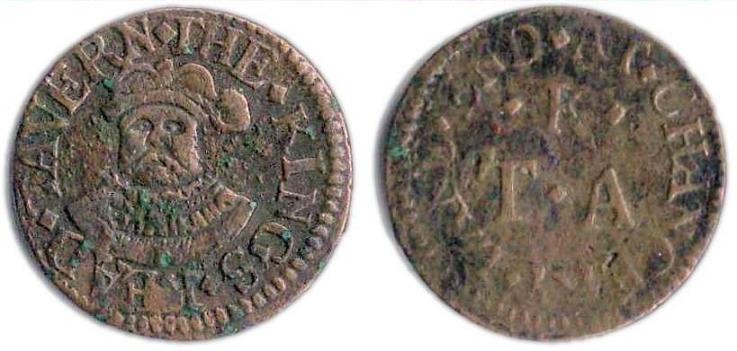 A farthing token issued in the name of the King's Head Tavern on the corner of Chancery Lane and Fleet Street, London