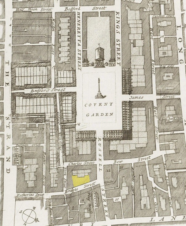 A plan of Covernt Garden (c.1720) showing the approxiamest location of the Fleece Tavern