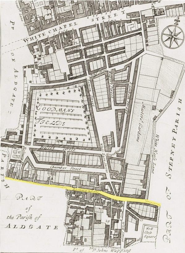 The section of Rosemary Lane which passes through the Parish of Whitechapel (c.1720)