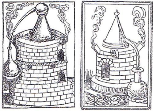 Near contemporary depictions of similar stone hearth mounted stills to the one shown on William Minshew's farthing Token (c.16 to 17th century woodcuts) 