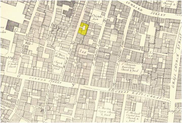 location of the White Bear Tavern and Later Pontack's in Abchurch Lane. Taken from John Ogilby & William Morgan’s 1676 Map of the City of London