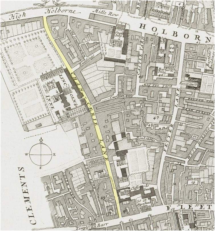 The location of Chancery Lane, London (c.1720)