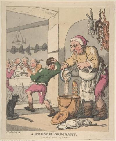 Thomas Rowlandson's satirical depiction of "A French Ordinary" where dead cats and "slops" are all on the menu.