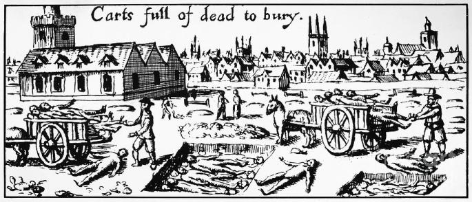 A contemporary wood cut illustrating the mass burial of London plague victims in 1665. Such scenes were almost certainly played out in the parish church yard in Stepney.