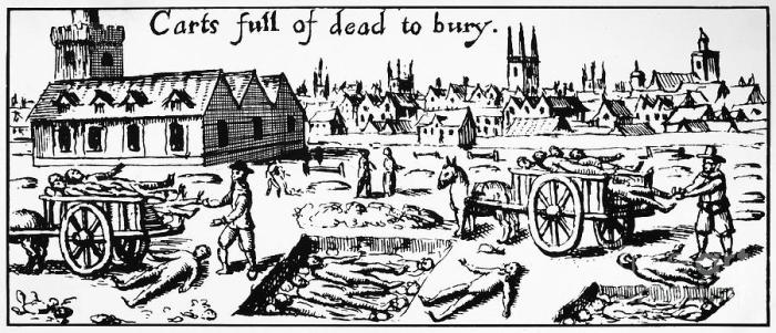 A contemporary wood cut illustrating the mass burial of London plague victims in 1665