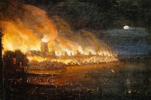 A contemporary oil painting of the Great Fire of London from the River Thomes looking across to Old St. Paul's Cathedral