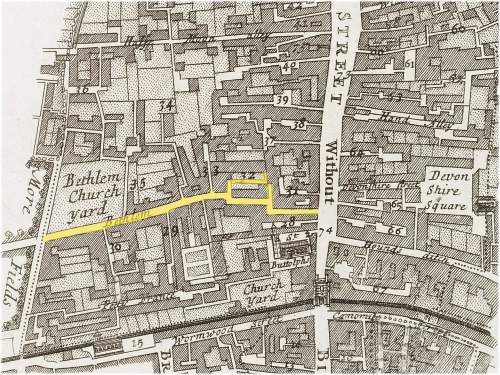 The location of the Bedlam or Bethlem district of Bishopsgate Without, London (c.1720)