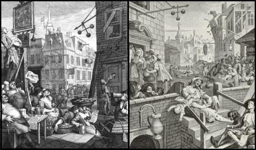 "Beer Street" and "Gin Lane" - William Hogarths satirical and contrasting prints (1751) promoting the merits of drinking tradditional and vertuous ale versus those of partaking in the more demonic alternative of distilled spirits