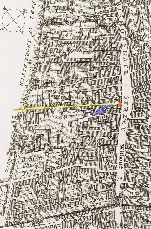 The location of the Half Moon Alley and Court (in yellow and blue respectively) plus Sir Paul Pindar's house (in red) at the entrance to the alley of Bishopsgate Street, London (c.1720)
