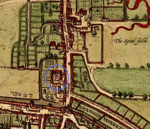 Detail from a map of Elizabethan London (1572) taken from "Civitates orbis terrarum" showing the location of Bethlem Hospital in the Bishopsgate Without Ward of the city