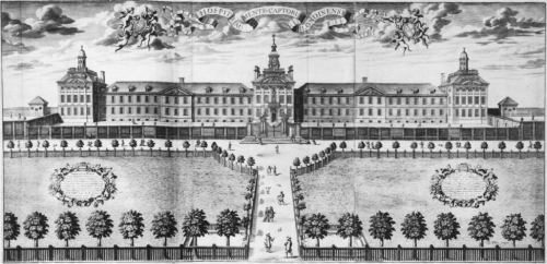 Engraving by Robert White of the new Bethlem Hospital designed by Robert Hooke and built at Moorfields, outside of the City of London in 1676