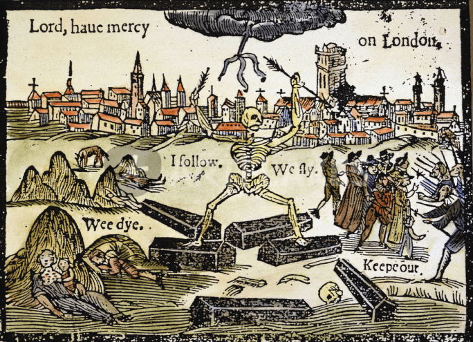 A contemporary wood cut illustrating the plight of London during the out break of the Bubonic Plague in 1665