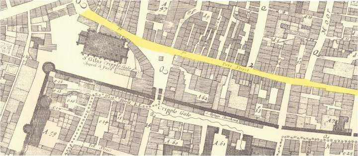 Fore Street in the Parish of St. Giles Without Gripplegate from John Ogilby & William Morgan’s 1676 Map of the City of London