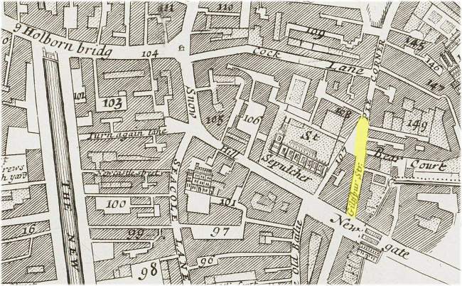 The location of Giltspur Street  opposite the Newgate entrance to the City of London (c.1720)