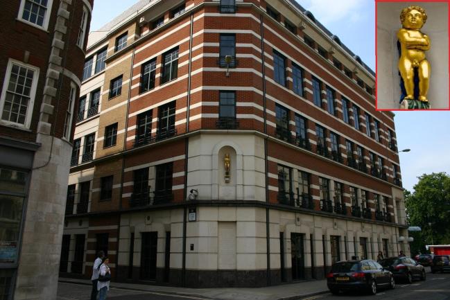 The statue of the Golden Boy of Pye Corner at the corner of Cock Lane and Giltspur Street - Detail inset top right