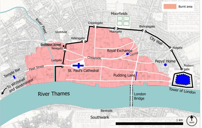 A map of mid-17th century London showing the extent of the Great Fire of 1666 plus the relevant location of Guiltspur Street