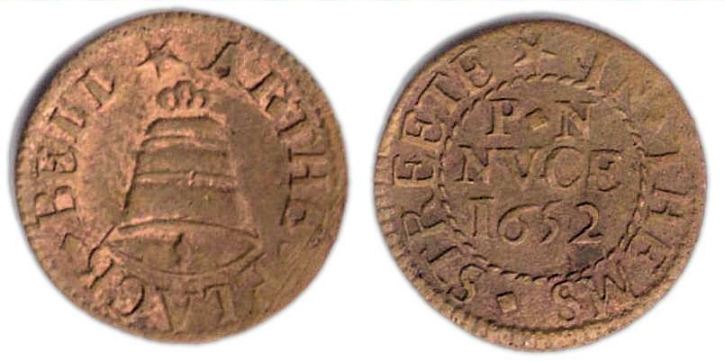 A farthing token issued by a tradesman operating from the sign of the Black Bell in Thames Street, London.
