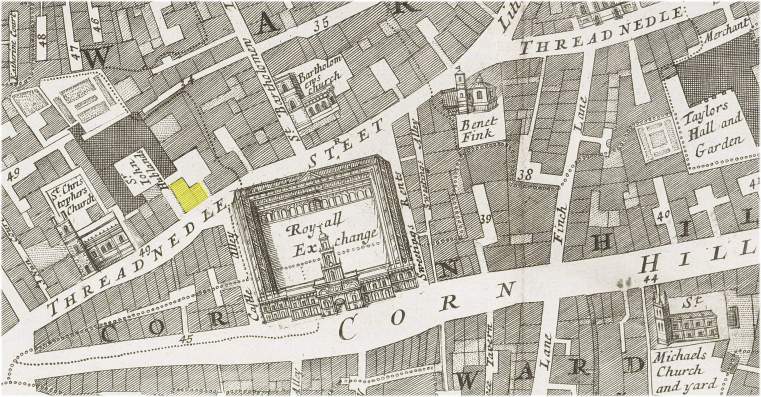 The location of the Crown tavern in Threadneedle Street (London)  opposite the Royal Exchange (c.1720)
