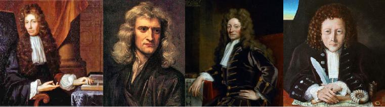 Contemporaies of Samuel Pepys who were regulars in the Crown Tavern - From left to right are Robert Boyle, Isaac Newton, Christopher Wren and Robert Hooke
