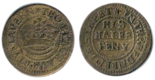 A half penny token issued in the name of Thomas Blagrave of Threadneedle Street, London