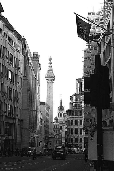 A view of the south end of Gracechurch Street with the Monument (marking the starting point of the Great Fire of London) clearly in full view.