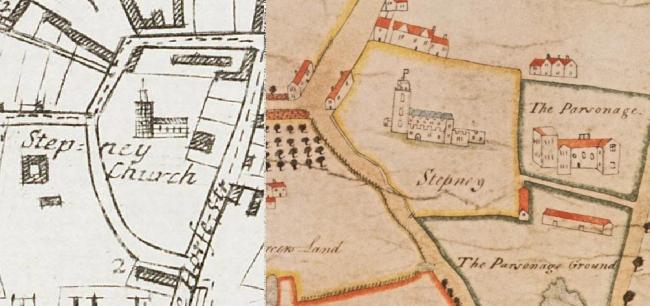Comparative maps showing the growth of the parish burial ground of St. Dunstan and All Saints, Stepney between c.1615 (right) and c.1720 (left) due to the excessive burial demands brought about by sucessive outbreaks of Plague in 1625 and 1665