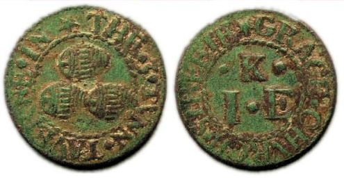 A farthing token issued in the name of the Three Tuns tavern in Gracechurch Street, London