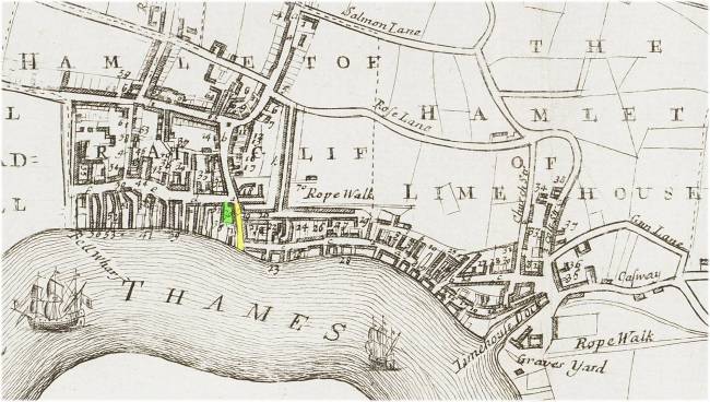 Ratcliff in the parish of Stepney (c.1720) Indicating Ratcliff Cross area (in yellow) and Swan Yard (in green)