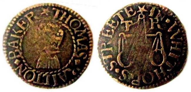 A farthing token issued in the name of the Thomas Railton of White Horse Street, Ratcliff in the parish of Stepney