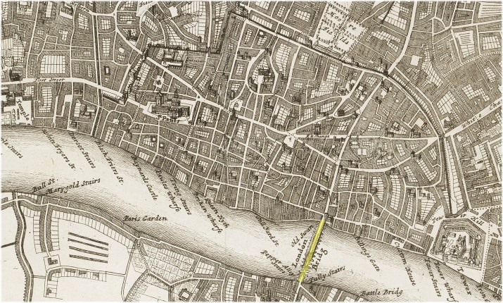 A map of London & The South Bank showing Old London Bridge (c.1720).