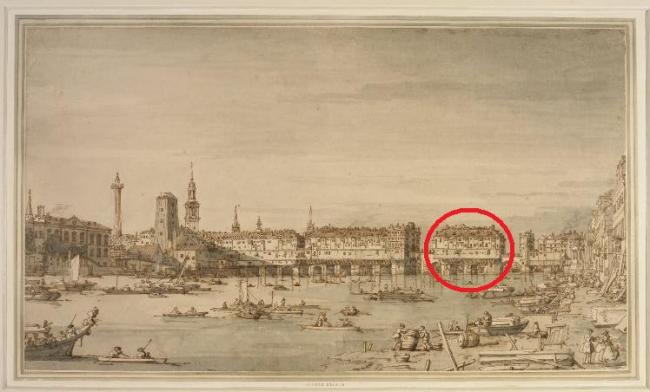 London Bridge in the early 17th century (looking from the West) showing the general location of the sign of the sugar loaf and Edward Munns shop south of Nonsuch House