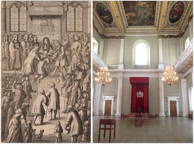 (Left) Front piece from John Browne's Adenochoiradelogia (London, 1684) depicting Charless II presiding at a Royal Touching Ceremony at the Banqueting House, Westminster. (Right) The Banqueting House as it appears today.
