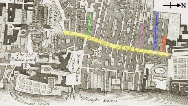 King Street, Westminster (c.1720) - From right to left - Downing Street (Red); Axe Yard (Blue); Bell Yard (Purple) & Bell Alley (Green). 