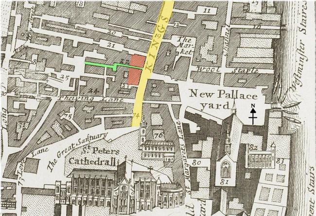 The southern end of King Street (c.1720) showing possible locations of the Bell tavern at the head of Bell Alley (marked in green).