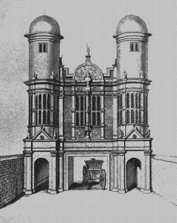King's Gate at the north end of King Street and southern entrance to Whitehall Palace. Demolished in 1723.