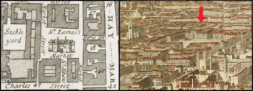 The Market House in St. James Market Westminster from Strype's Map of 1720 and Jan Kip's engraving of Westminster of c.1722.