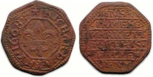 A half penny token issued by Richard Athy at or by the sign of the "Fleur de Lys" in St. James Market, Westminster