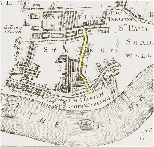 A map of Wapping showing the location of Old Gravel Lane (c.1720).
