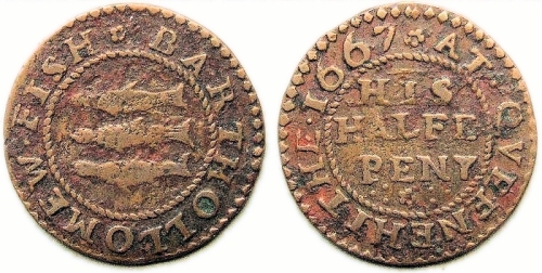 A half penny token of Bartholomew Fish of Queenhithe, London