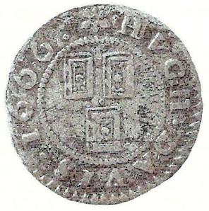 The obverse of a penny token of 1666 issued by Hugh Davies, Stationer at the sign of the Three Bibles in Holyhead, North Wales