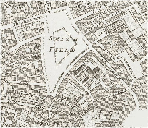 West Smithfield, London. (c.1720) showing the Parish church of St Bartholemew the Less (above Well Yard - No.144) and St Bartholemew's Hospital(No.144)