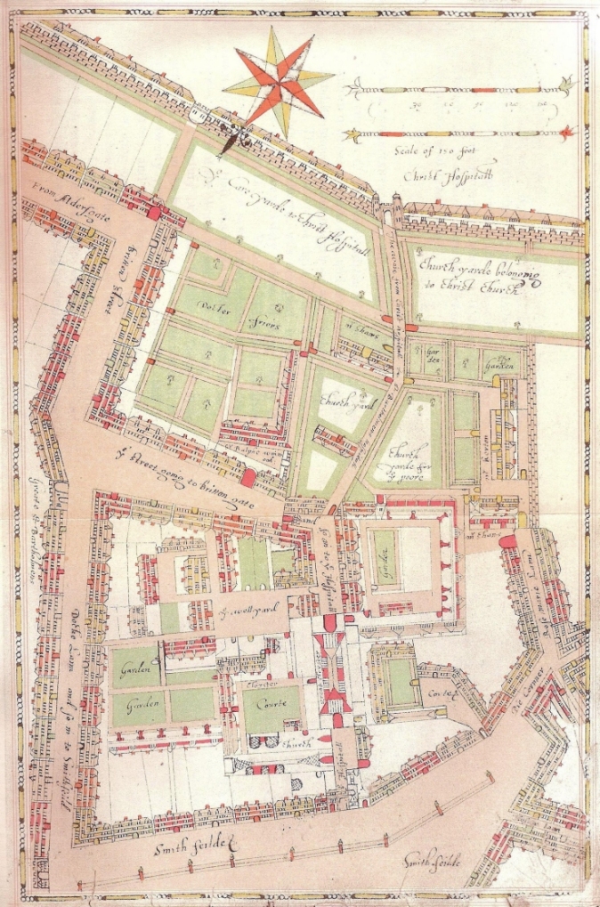 St. Bartholomew's Hospital in 1617 showing the West Smithfield Gate towards the bottom of the image